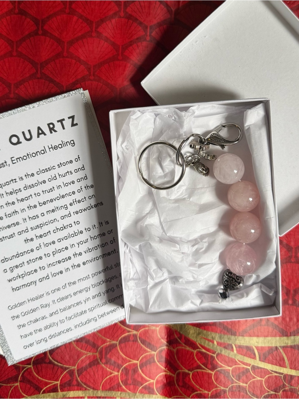 crystals for mom Rose Quartz Bead Keychain with Silver Accents